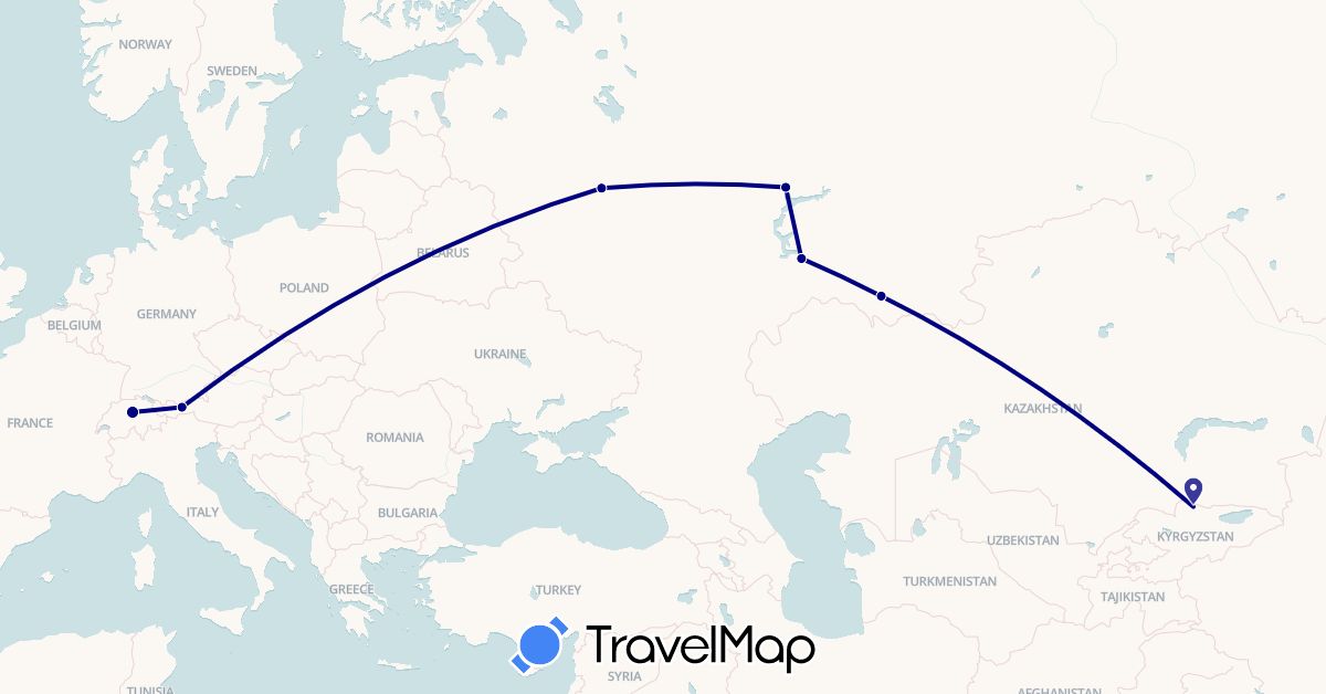 TravelMap itinerary: driving in Austria, Switzerland, Kyrgyzstan, Russia (Asia, Europe)